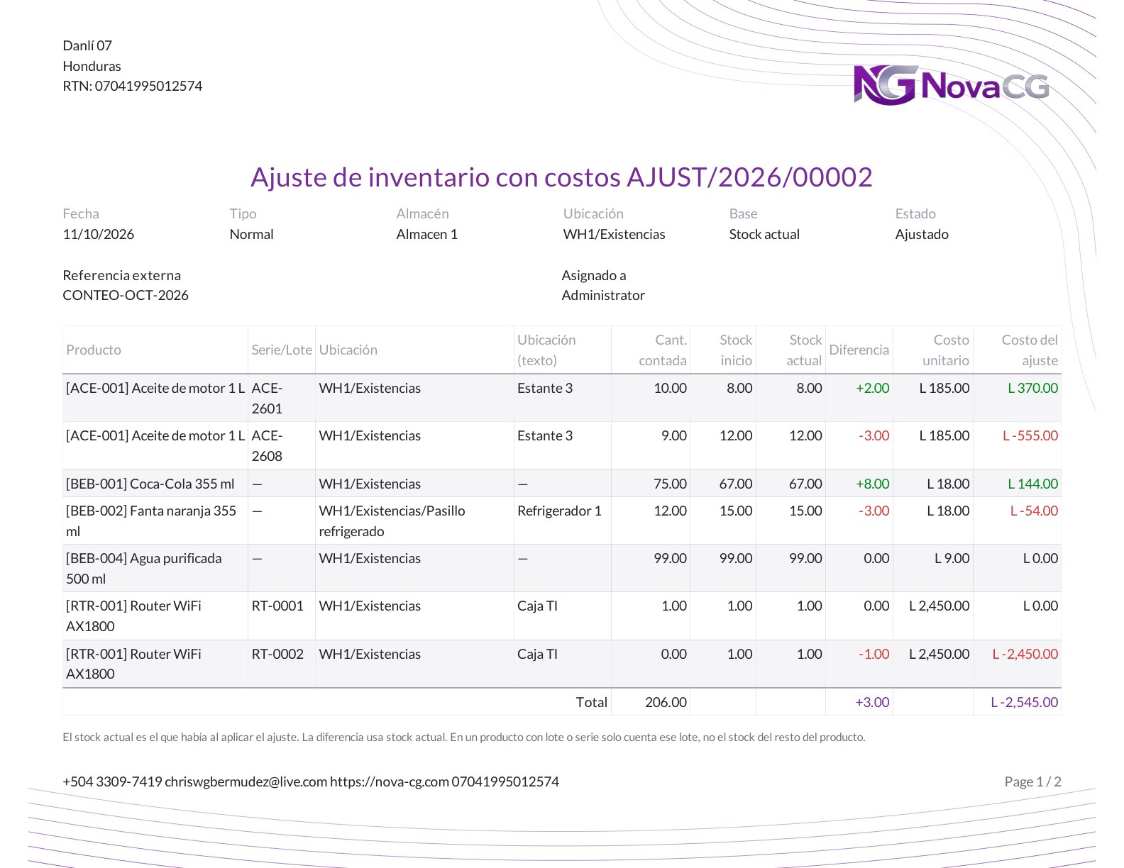 Comprobante PDF del ajuste con costos