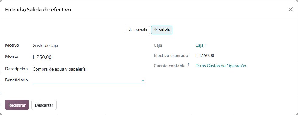 Registro de una entrada o salida de efectivo