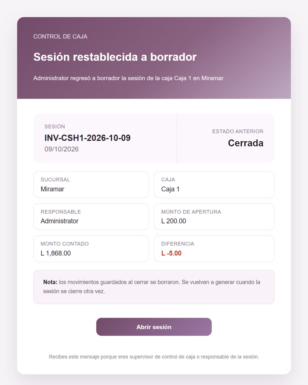 Correo de sesión restablecida a borrador