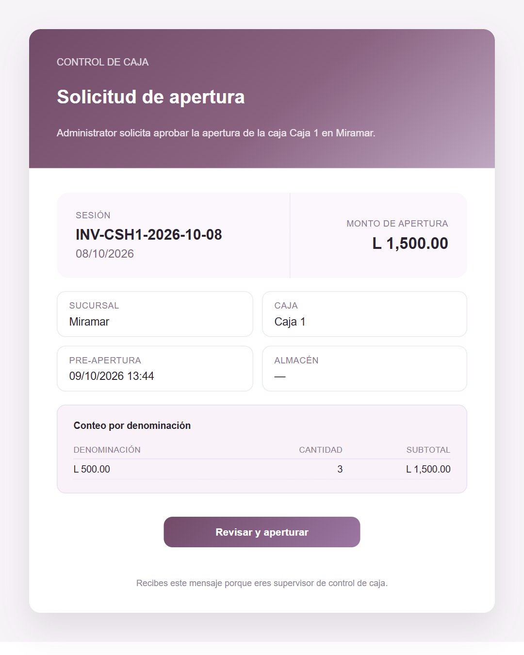 Correo de solicitud de apertura