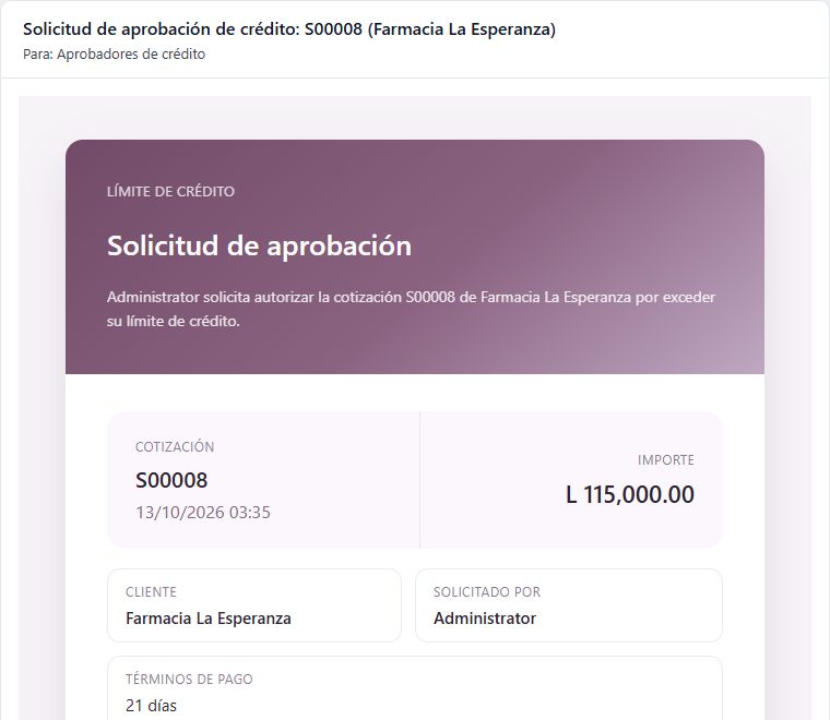 Encabezado del correo de solicitud de aprobación de crédito