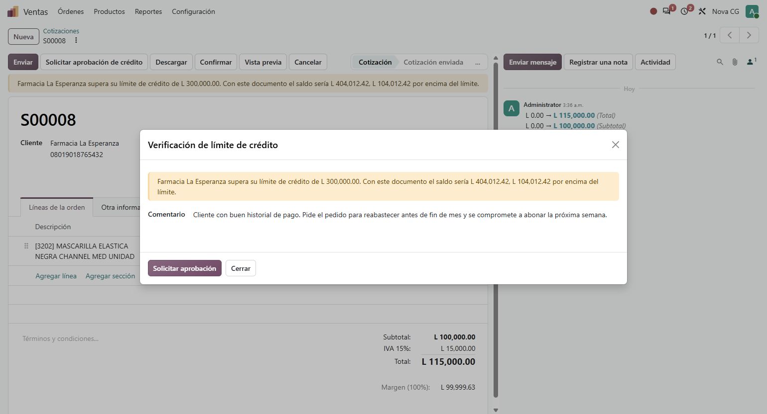 Asistente de verificación de límite de crédito con comentario
