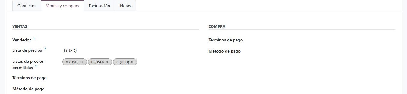 Listas de precios permitidas en la ficha del cliente