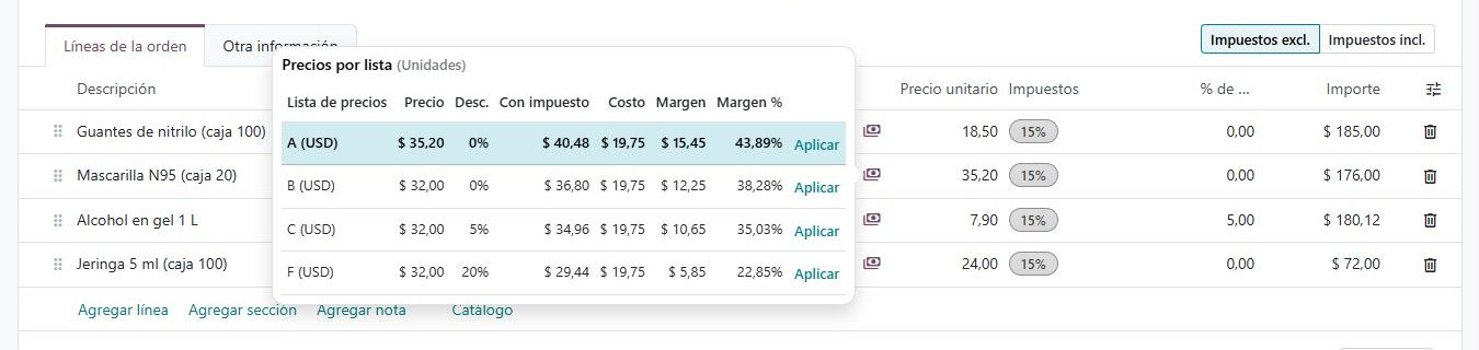 Comparador con precio, impuestos, costo y margen por lista