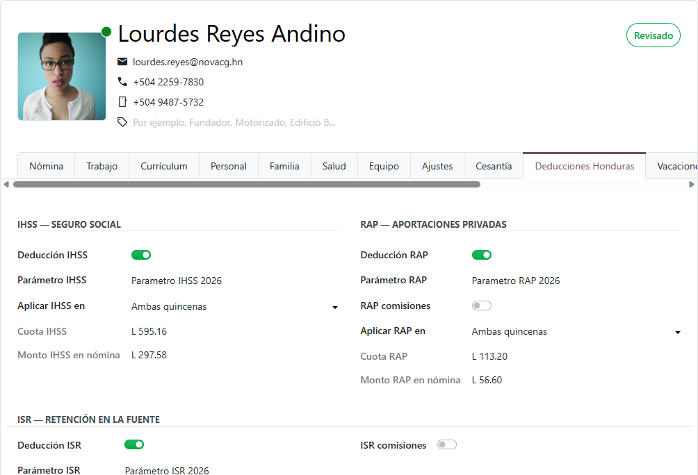 Pestaña Deducciones Honduras