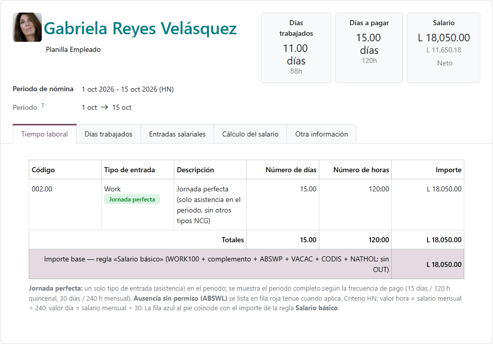 Recibo de nómina: tiempo laboral