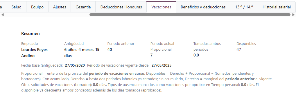 Pestaña Vacaciones con saldo