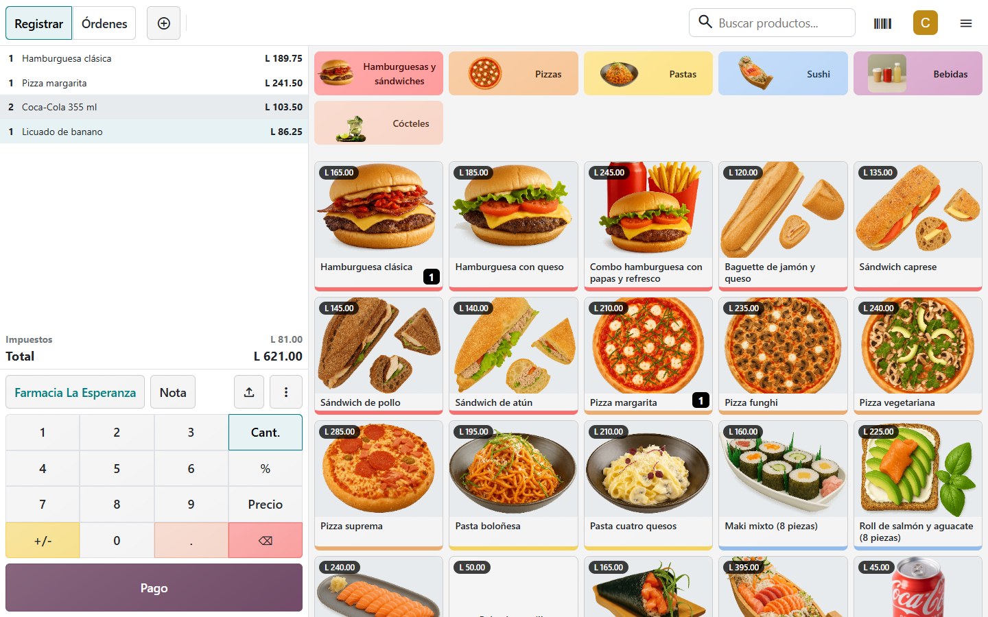Pantalla de productos del POS con precios en cada tarjeta