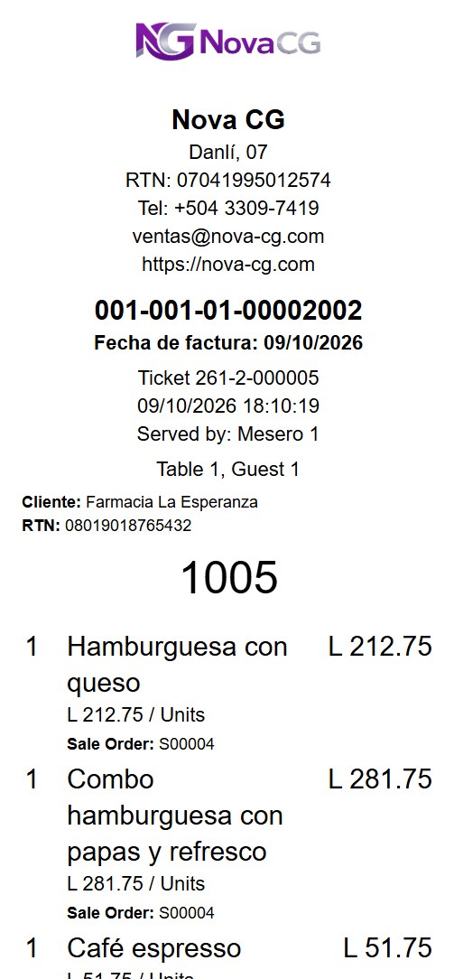 Encabezado del ticket con número de factura y RTN