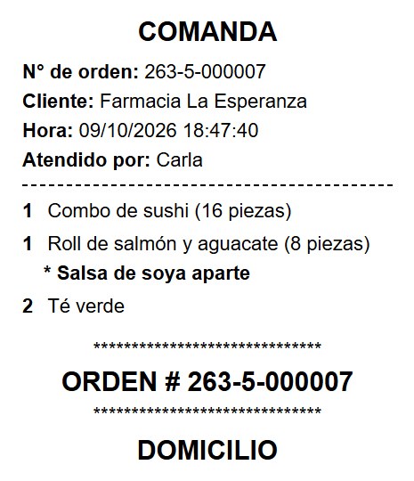 Comanda del POS con nota de preparación y tipo de orden