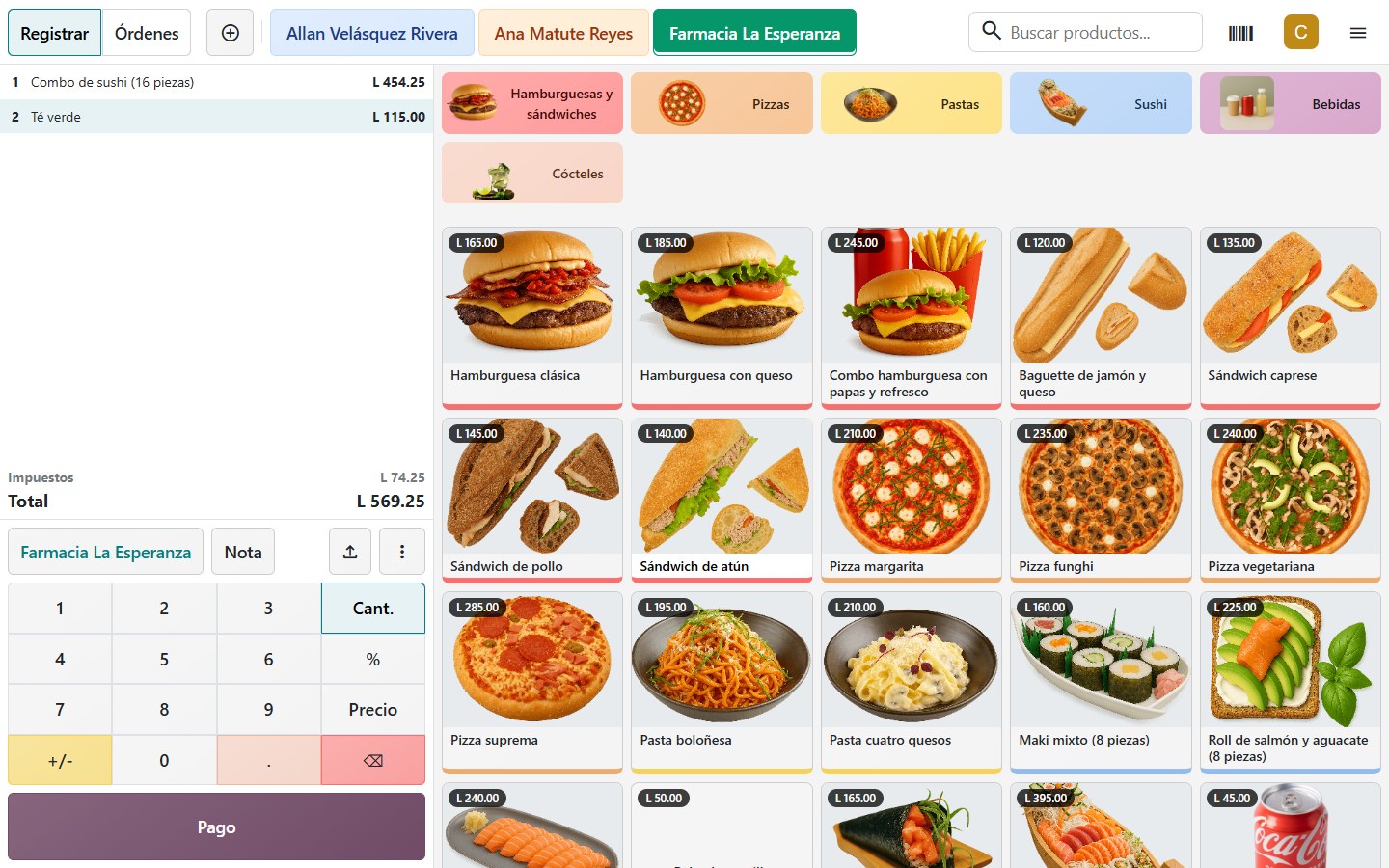 Pestañas de órdenes coloreadas por tipo con el nombre del cliente