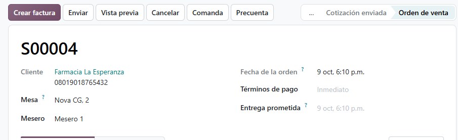 Cotización con mesa, mesero y botones Comanda y Precuenta