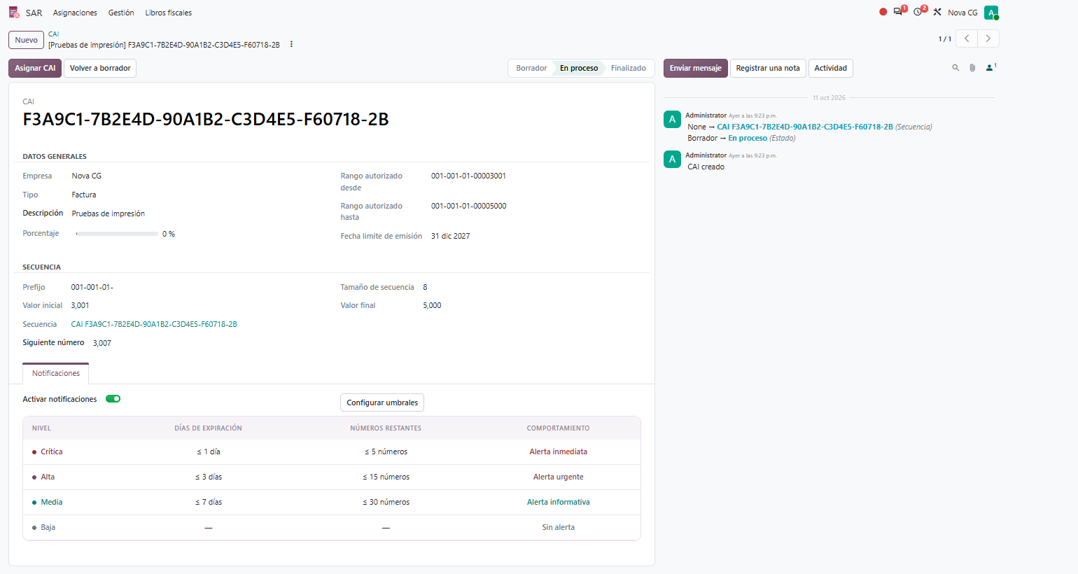 Formulario de CAI con umbrales de alerta