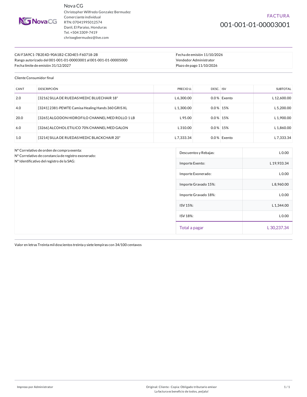 Factura fiscal tamaño carta