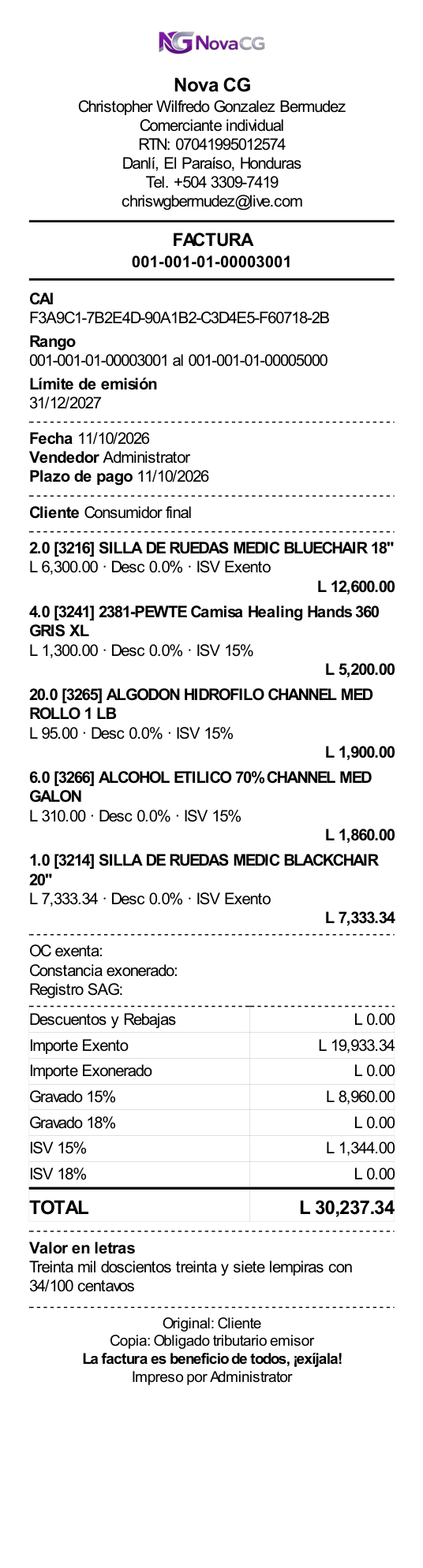 Factura fiscal en ticket de 80 mm